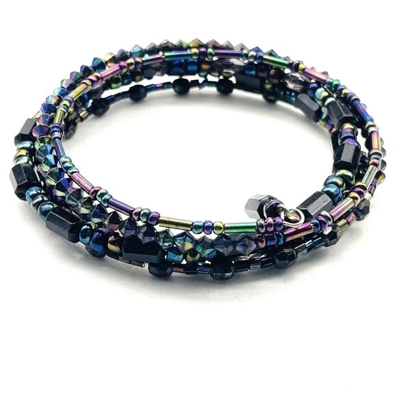 Multi Strand Memory Wire Bracelet Iridescent Beads Black Wrap - Picture 2 of 6